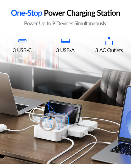 SooPii U2 Charging Station with 6 ports, 2 PD, 3 US outlets, and 6 cables, designed for multiple device charging.