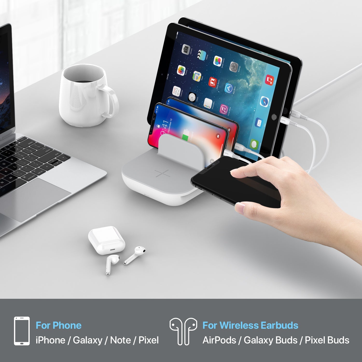SooPii WiV6 Pro charging station with 70W power, 5 ports, 15W wireless charger, and five mixed charging cables.