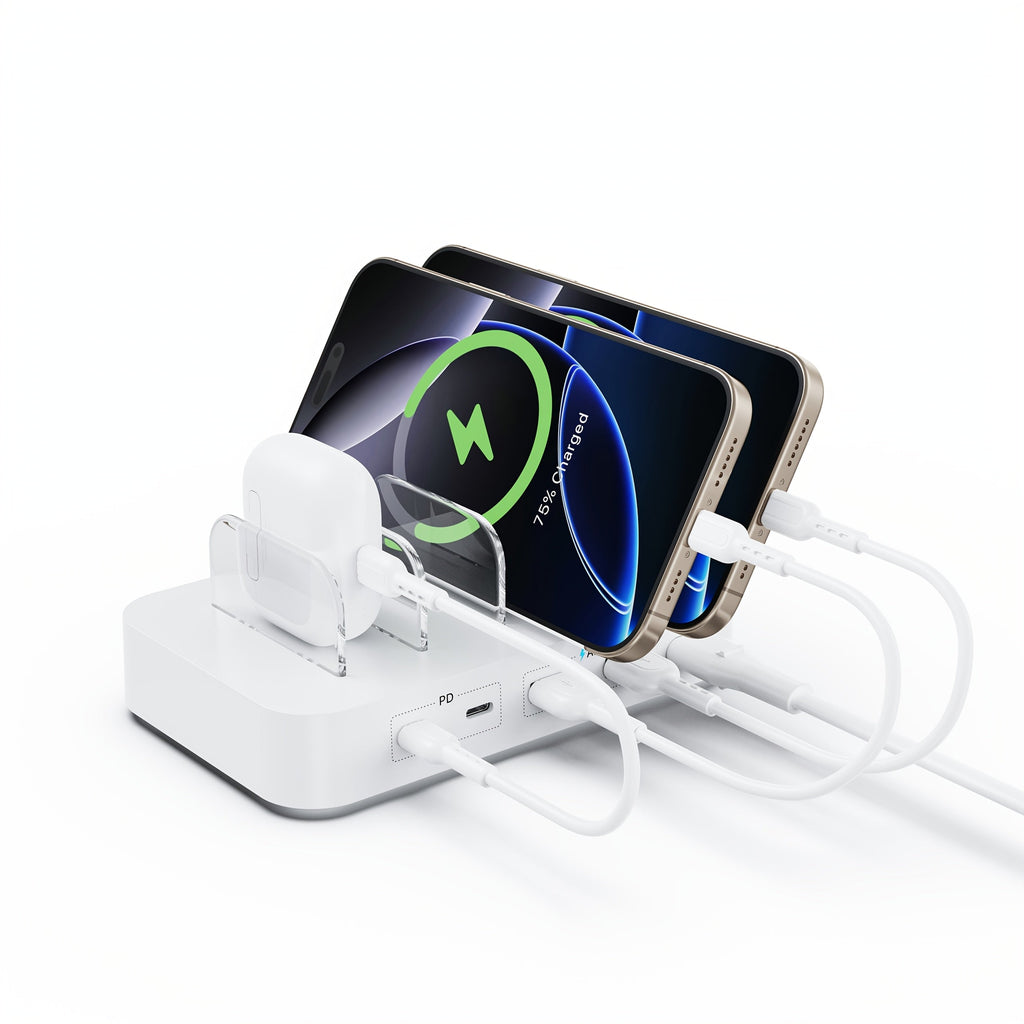 SooPii CS45 mini 35W charging station with four ports and four mixed cables for versatile device charging.