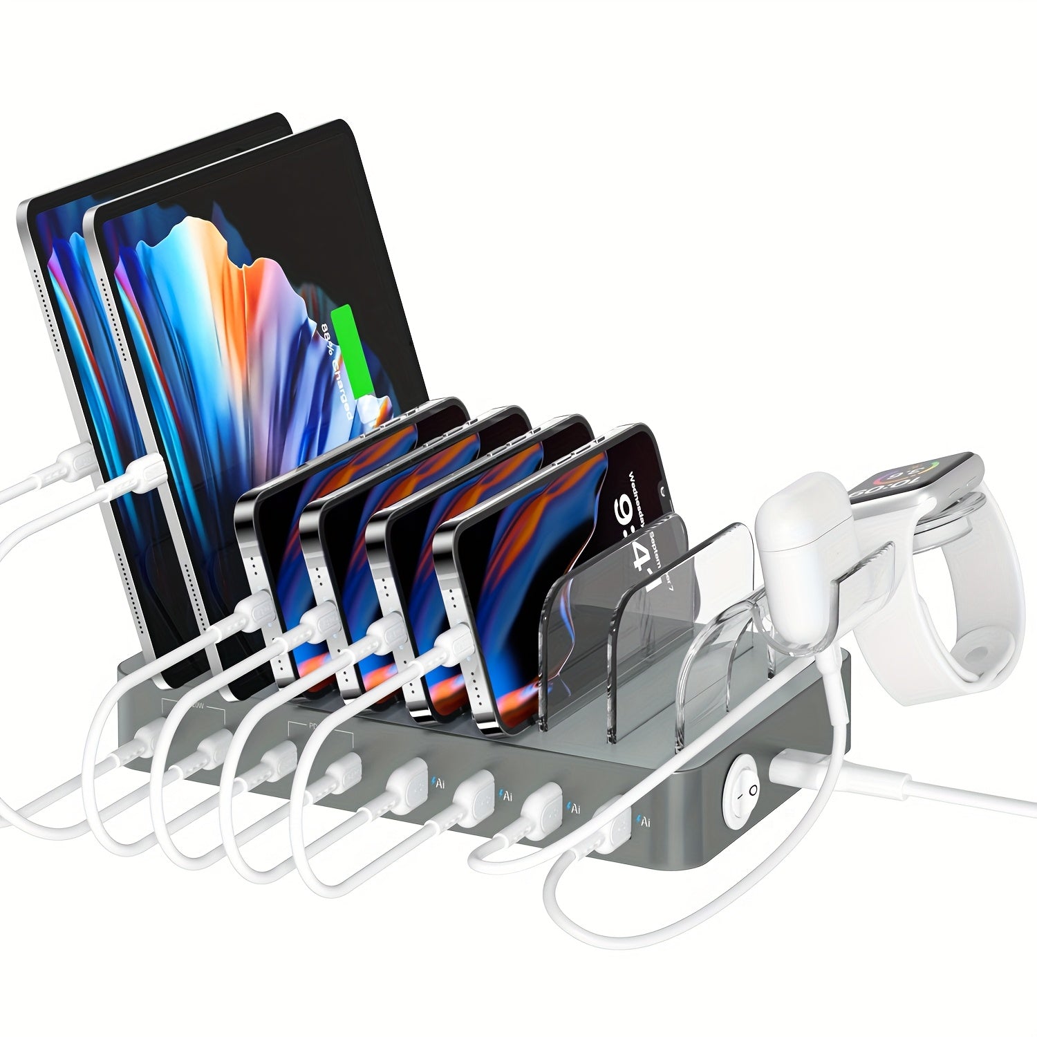 SooPii CS80A charging station with 8 ports, 70W power, 4 PD ports, and 8 mixed charging cables for multiple devices.