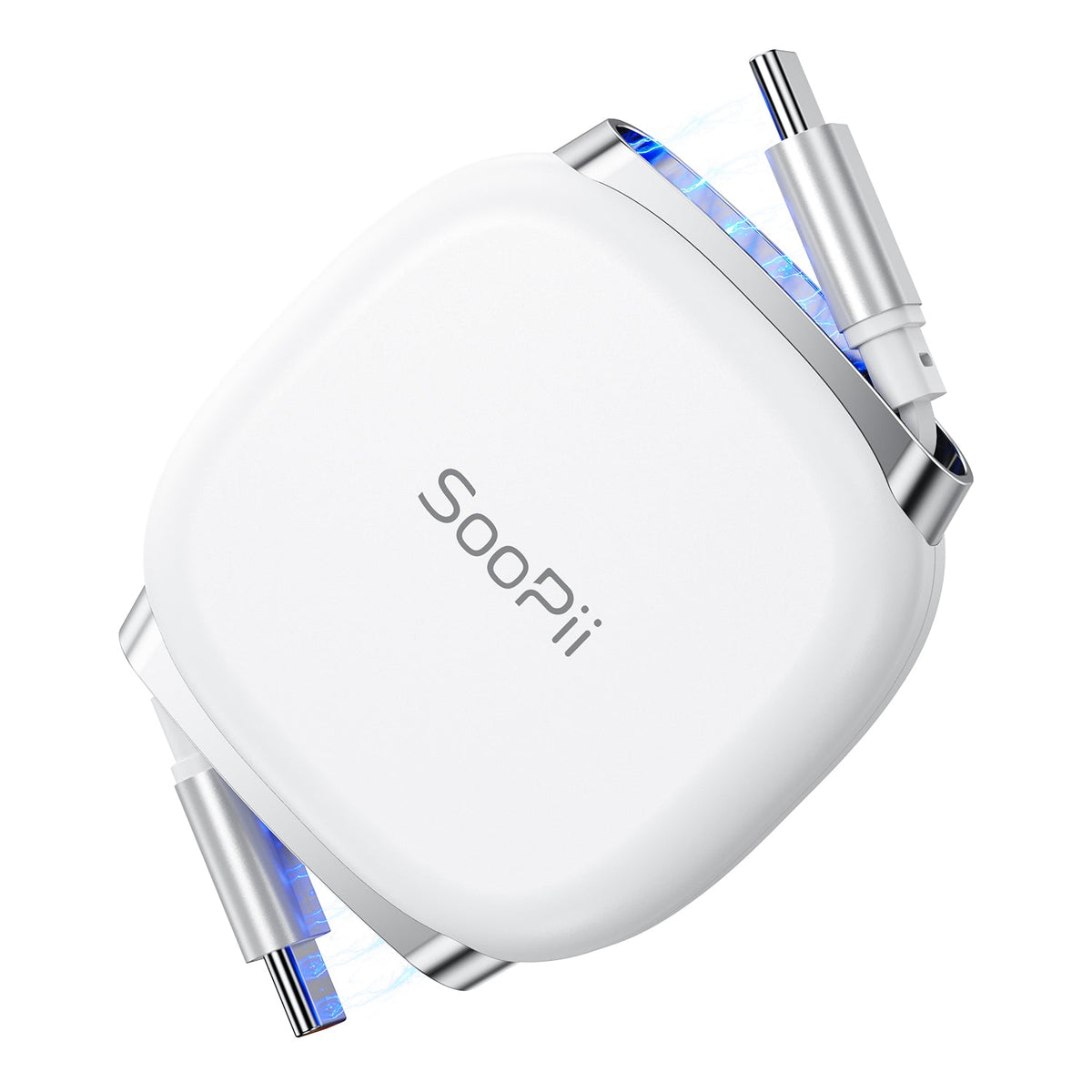 SooPii 240W retractable USB C fast charging cable with Mag Snap storage, shown extended with USB-C connector and magnetic mag snap