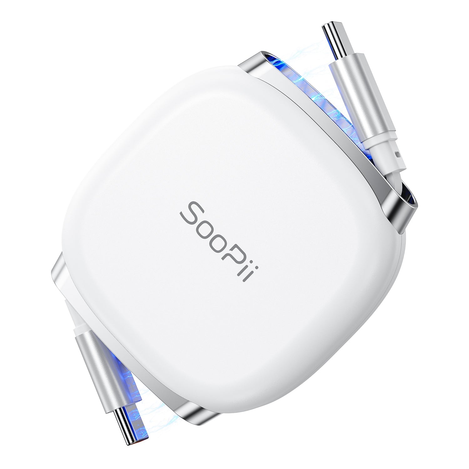 SooPii 240W retractable USB C fast charging cable with Mag Snap storage, shown extended with USB-C connector and magnetic mag snap