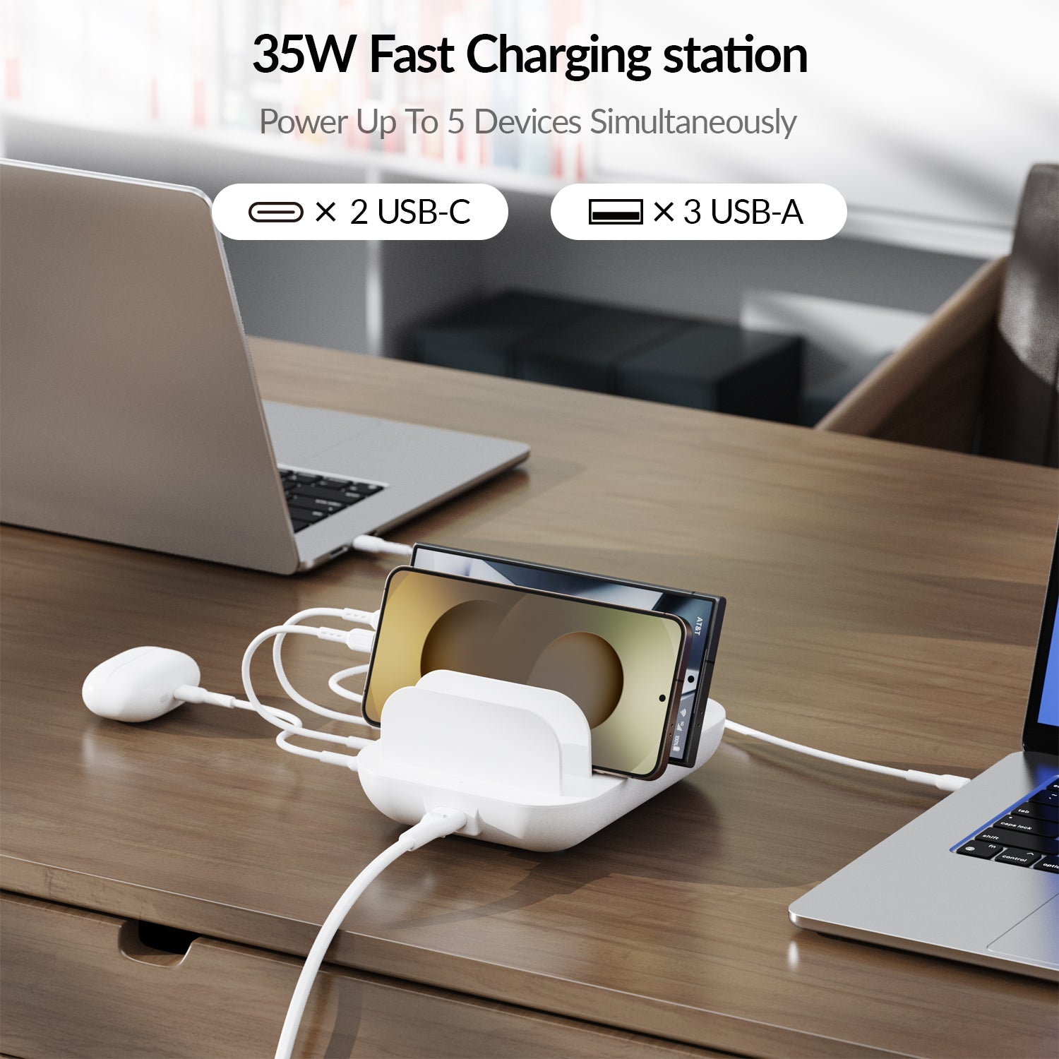 SooPii CS50 charging station with 5 ports and mixed cables, 35W power supply for multiple devices.