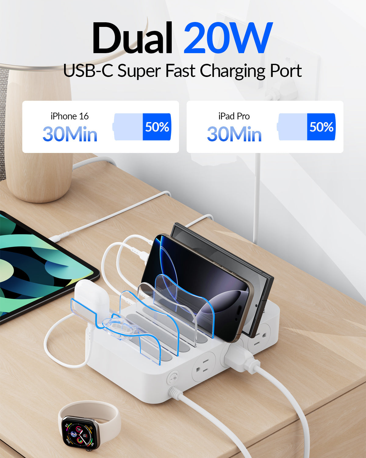 SooPii U2 Charging Station with 60W, 6 ports, 2 PD, 3 US AC outlets, and six mixed charging cables on a white background.