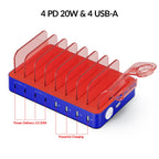 SooPii CS80A charging station with 8 ports, 70W power, 4 PD ports, and 8 mixed charging cables on a white background.
