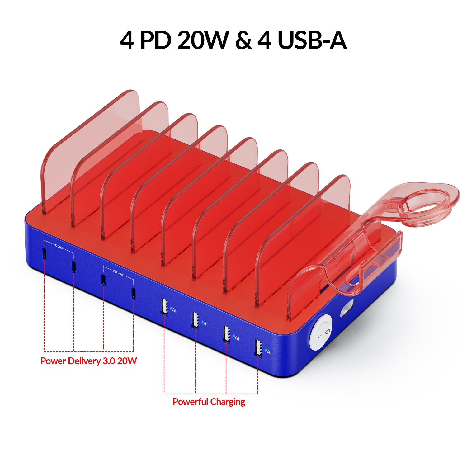SooPii CS80A charging station with 8 ports, 70W power, 4 PD ports, and 8 mixed charging cables on a white background.
