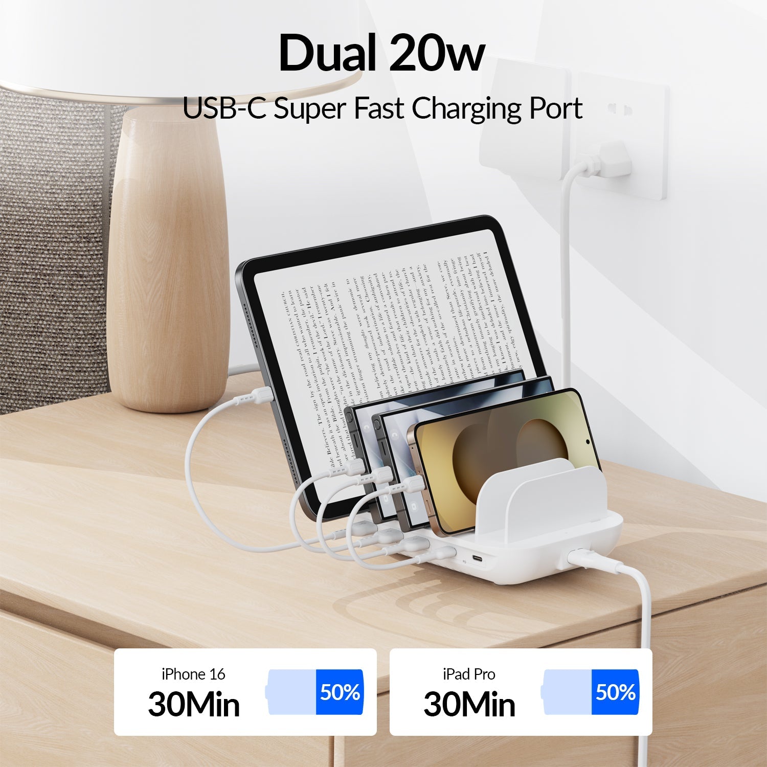 SooPii CS50 charging station with 35W power, 5 ports, and five mixed charging cables for multiple devices.