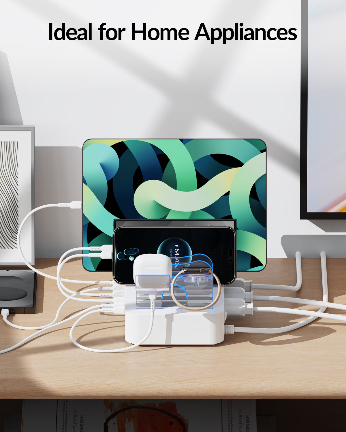 SooPii U2 charging station with 6 ports, 60W power, 2 PD ports, 3 US AC outlets, and six mixed cables.