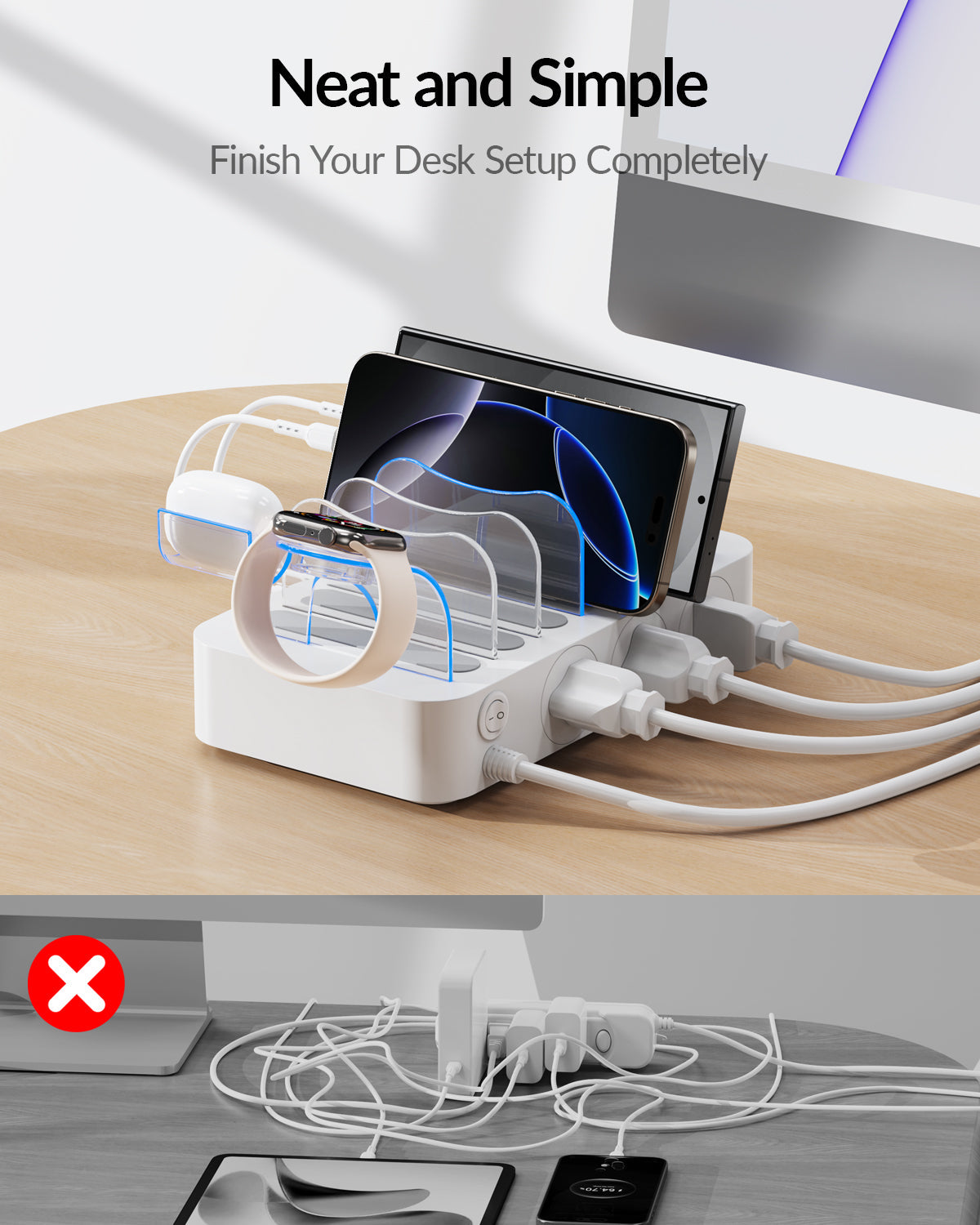 SooPii U2 Charging Station with 6 ports, 2 PD, 3 US AC outlets, and 6 mixed charging cables for versatile device charging.