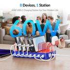 SooPii CS80A charging station with 8 ports, 70W power, 4 PD ports, and 8 mixed charging cables on a neutral background.