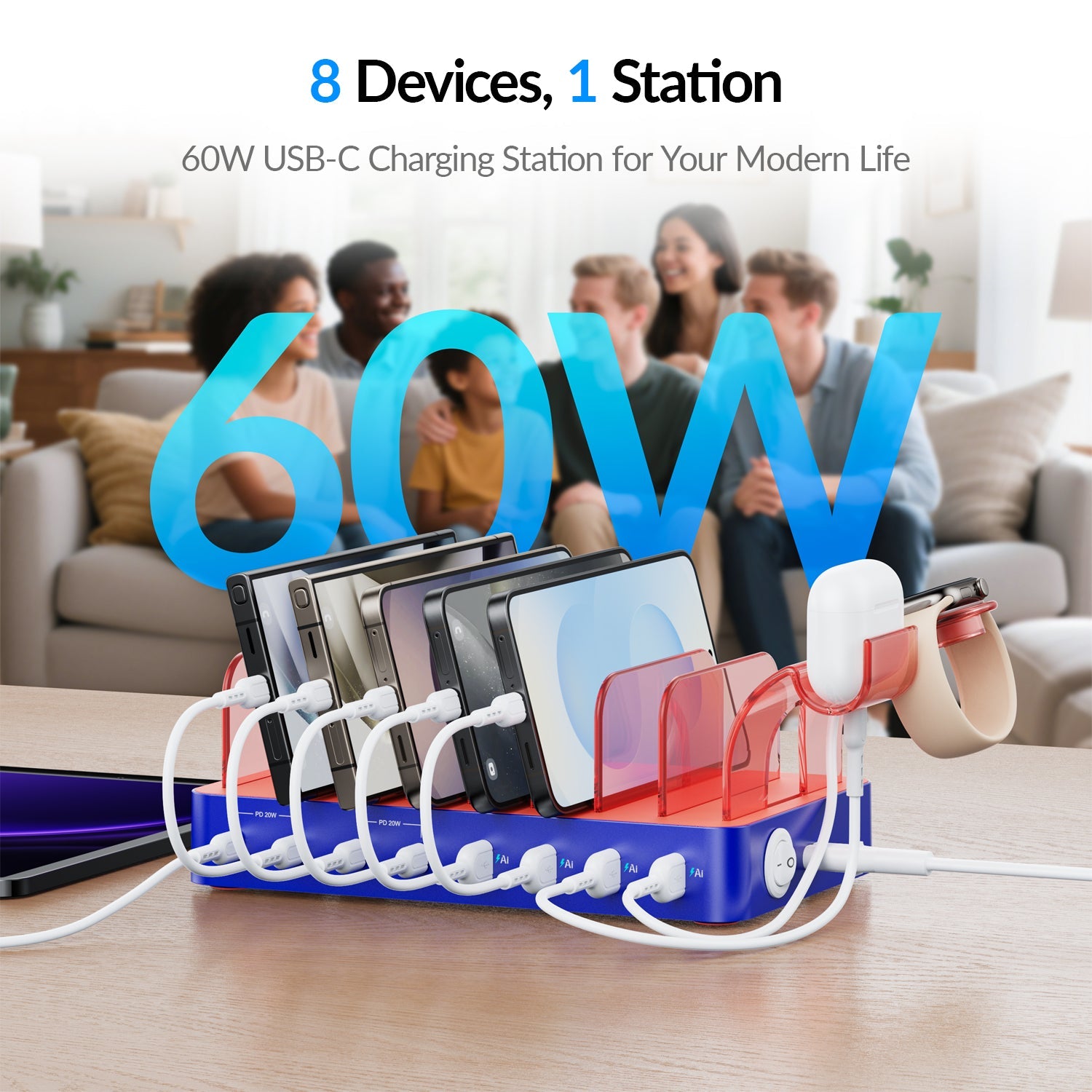 SooPii CS80A charging station with 8 ports, 70W power, 4 PD ports, and 8 mixed charging cables on a neutral background.