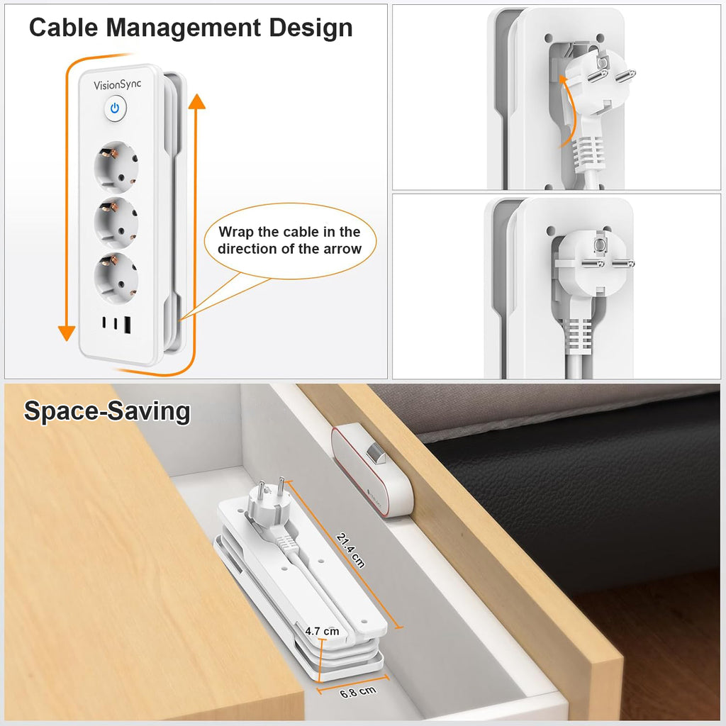 EU-E30 Flat Power Strip, 3 AC + 3 USB, PD 20W, Cable Winding, 3680W — Ports and connectivity