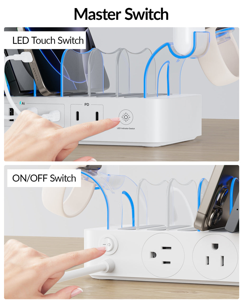SooPii U2 Charging Station with 60W power, 6 ports, 2 PD ports, 3 US AC outlets, and 6 mixed charging cables.