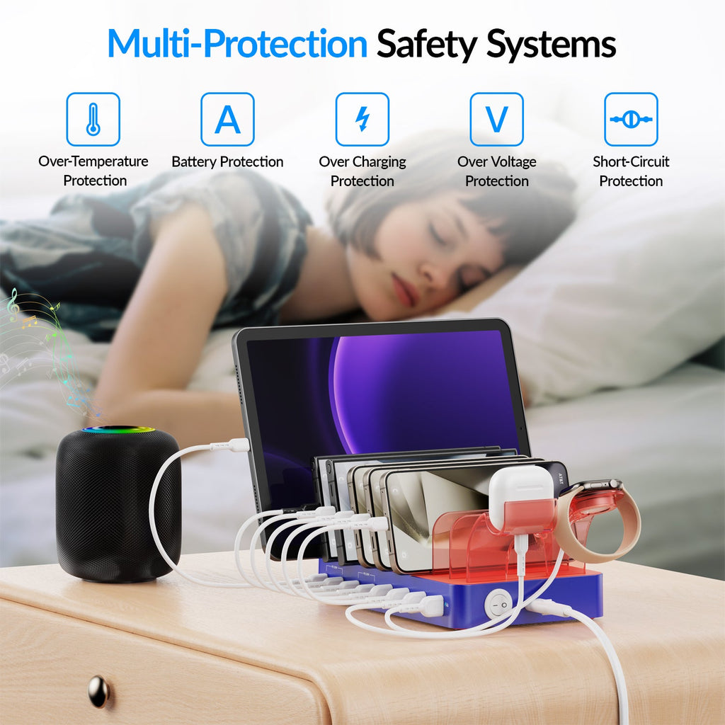 SooPii CS80A charging station with 70W power, 8 ports including 4 PD, and 8 assorted charging cables on a white surface.