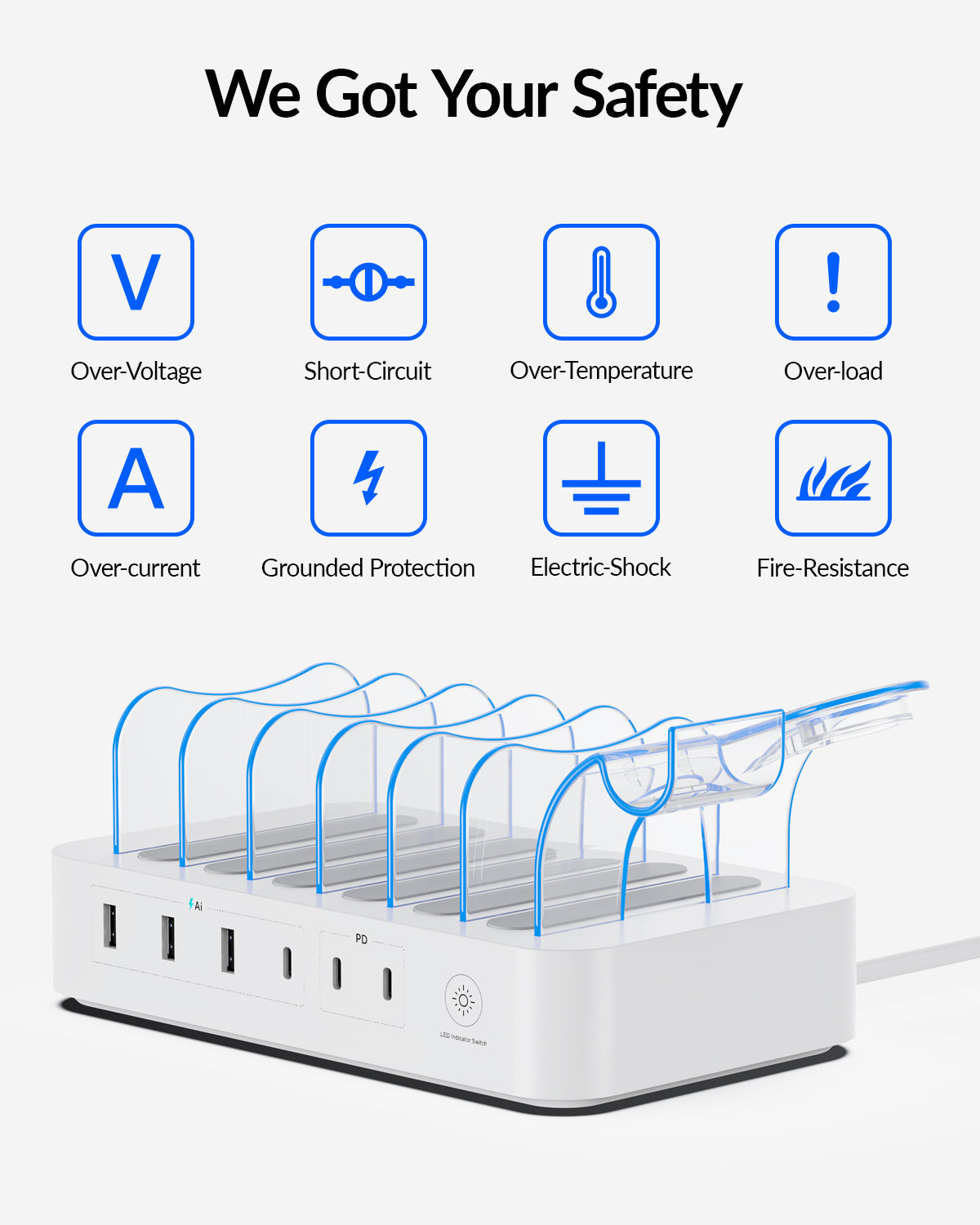 SooPii U2 charging station with 6 ports, 2 PD, 3 US AC outlets, and six mixed cables for versatile device charging.