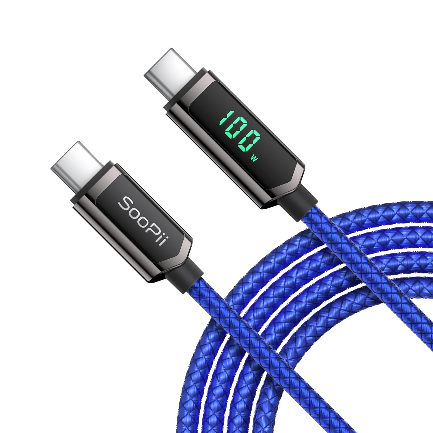 SooPii S08 USB-C to USB-C cable 1.2m with 100W power, nylon-braided design, and wattage display for fast charging.