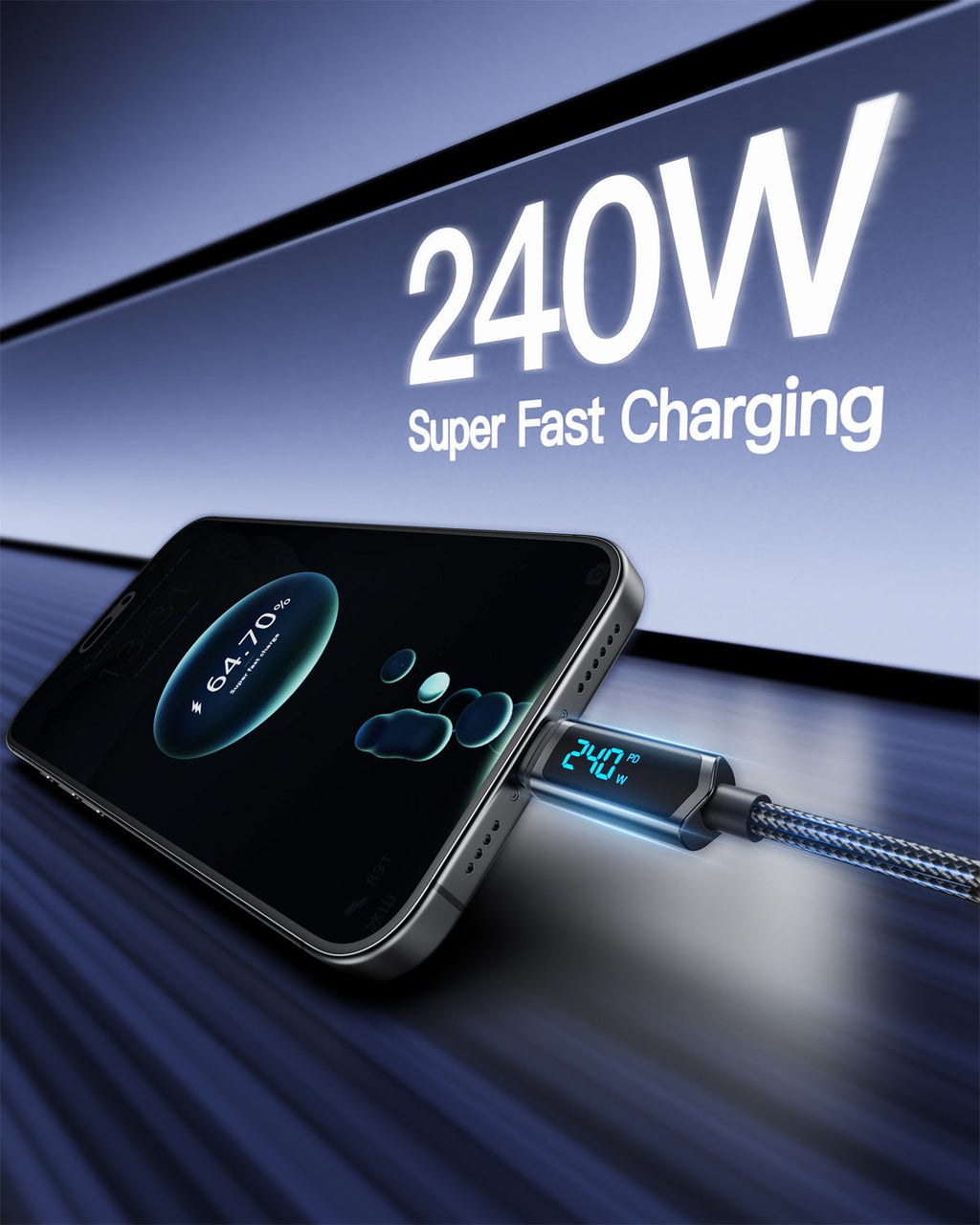 SooPii S69 USB-C to USB-C cable, 1.2m, nylon-braided, supports 240W power, with wattage display on the cable.