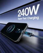 SooPii S69 USB-C to USB-C cable, 1.2m, nylon-braided, supports 240W power, with wattage display on the cable.