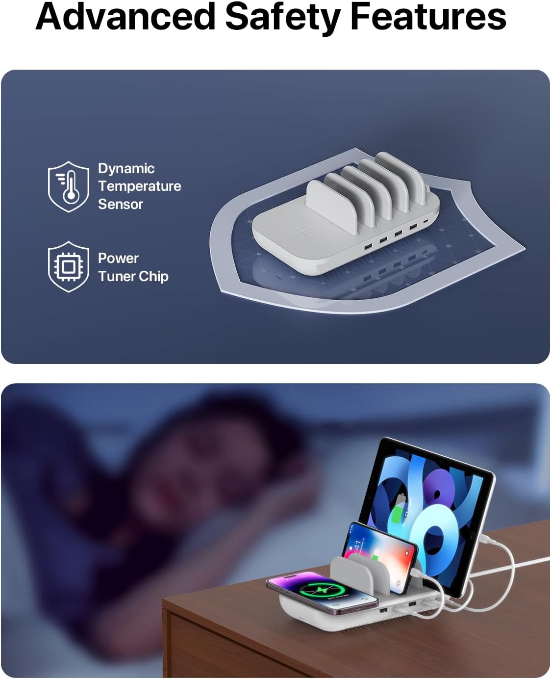 WiV6 Pro 70W 5-Port Charging Station with 15W Wireless Charger, 25W USB-C PD, 5 Cables Included — Ports and connectivity