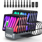 A 10-port 200W USB-C fast charging station shown with multiple smartphones plugged in and several black USB-C cables above it on a white background. The charger body is dark gray with white text reading '200W' and '10 USB C'.