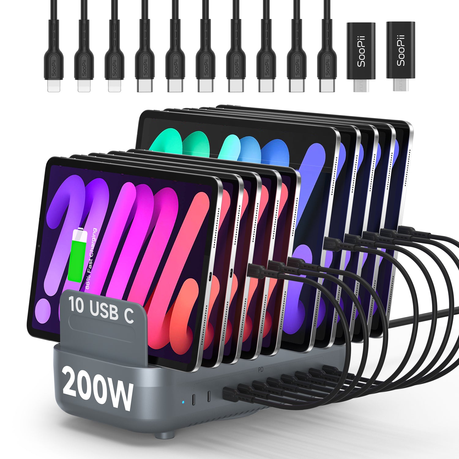 A 10-port 200W USB-C fast charging station shown with multiple smartphones plugged in and several black USB-C cables above it on a white background. The charger body is dark gray with white text reading '200W' and '10 USB C'.