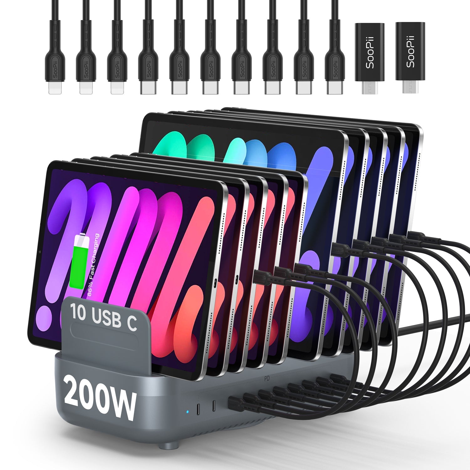 A 10-port 200W USB-C fast charging station shown with multiple smartphones plugged in and several black USB-C cables above it on a white background. The charger body is dark gray with white text reading '200W' and '10 USB C'.