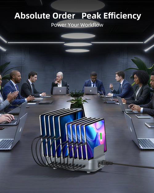 A desktop multi-device charger stand holding several smartphones in a modern conference room setting, with people seated around the table on laptops. Text at the top reads 'Absolute Order Peak Efficiency' and 'Power Your Workflow.