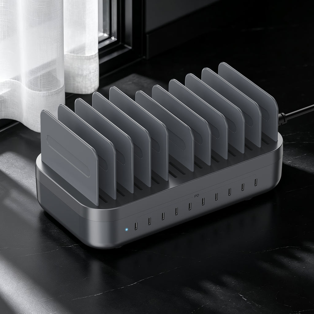 SooPii CS200 200W GaN charging station powering multiple devices on a desk