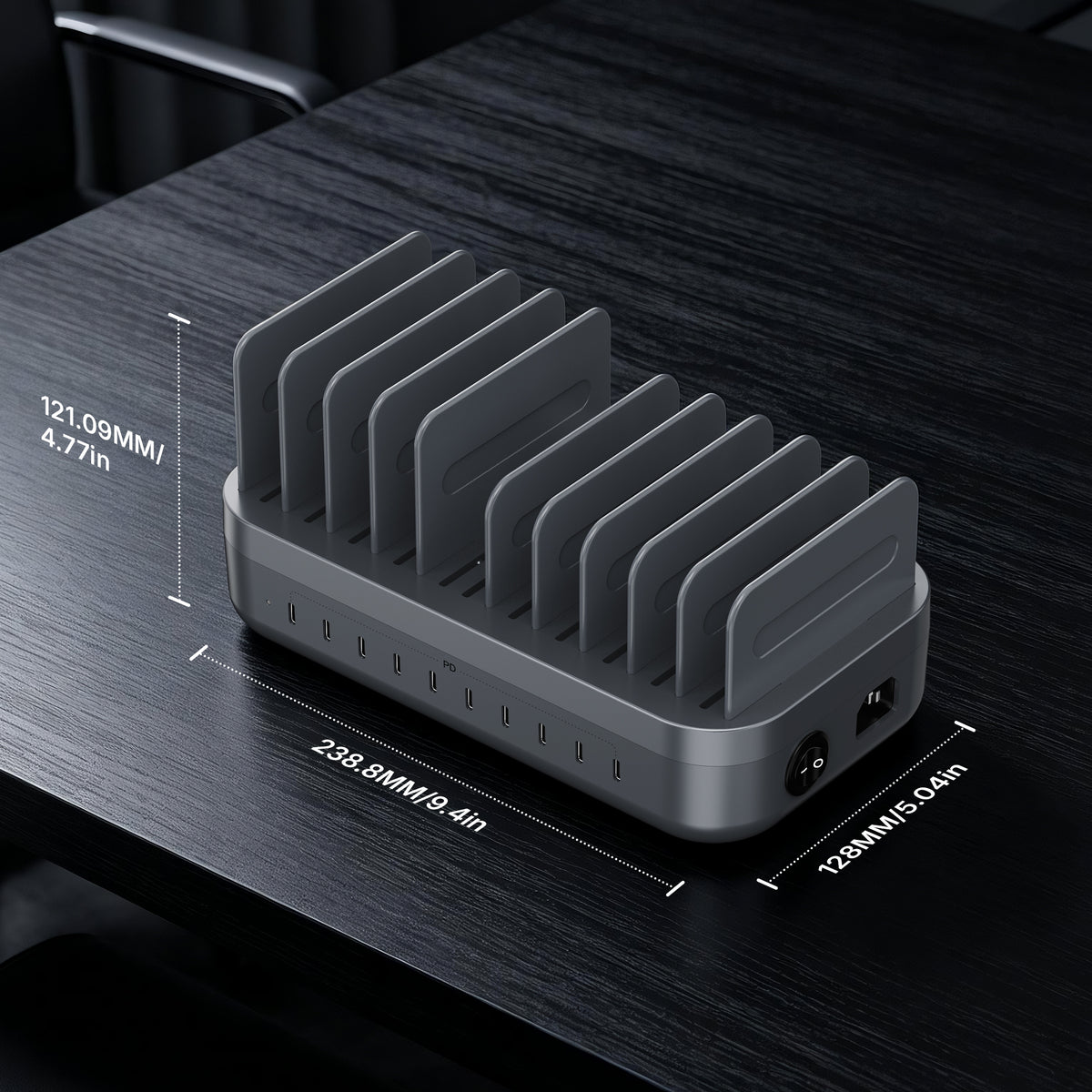 SooPii CS200 charging station showing 7 USB-C and 3 USB-A ports