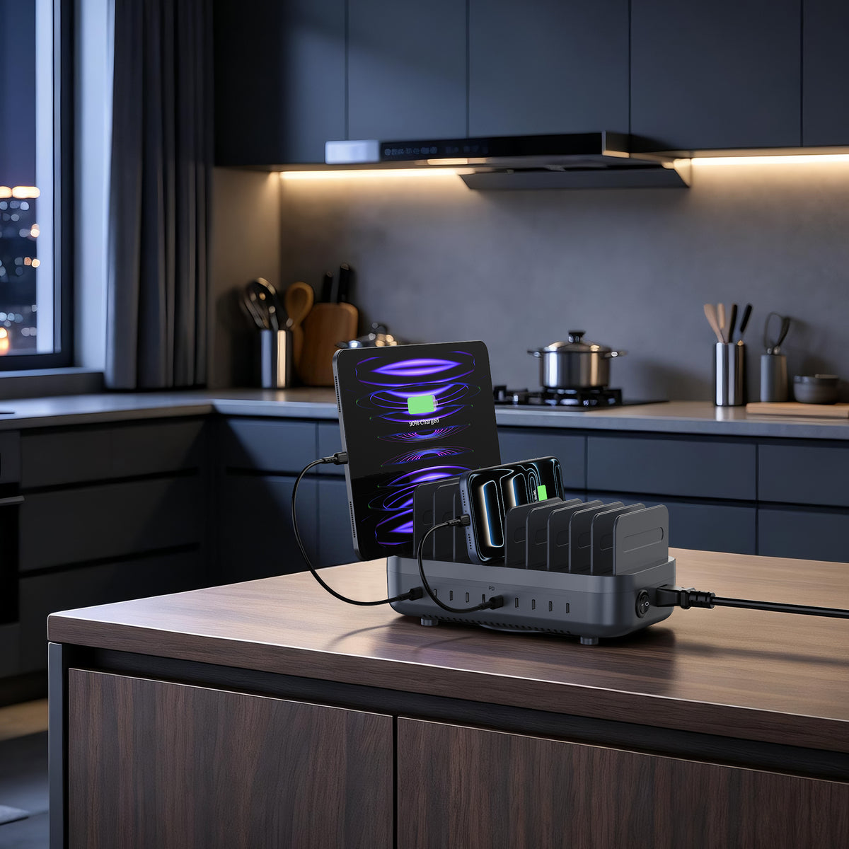 SooPii CS200 charging station side view — compact gunmetal design, 235mm wide