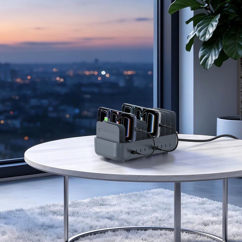 SooPii CS200 multi-device charging station in use — phones, tablets, earbuds charging