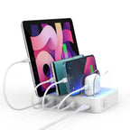 SooPii CS40 charging station with 22W power, four ports, and four mixed cables for charging multiple devices simultaneously.