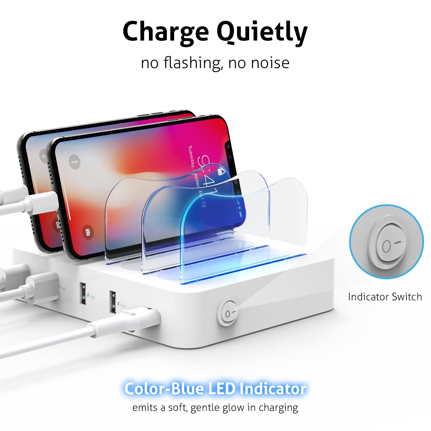 SooPii CS40 charging station with 22W power, 4 ports, and mixed cables for efficient device charging.