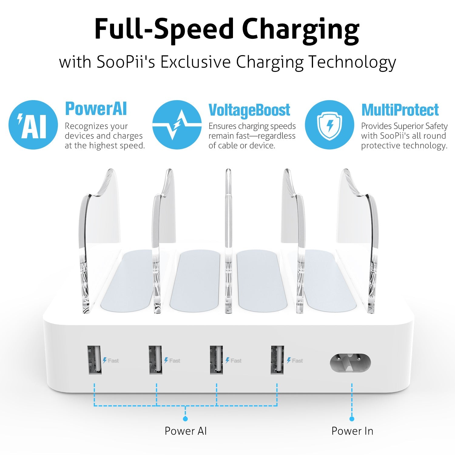 SooPii CS40 charging station with 22W power, 4 ports, and four mixed charging cables for versatile device charging.