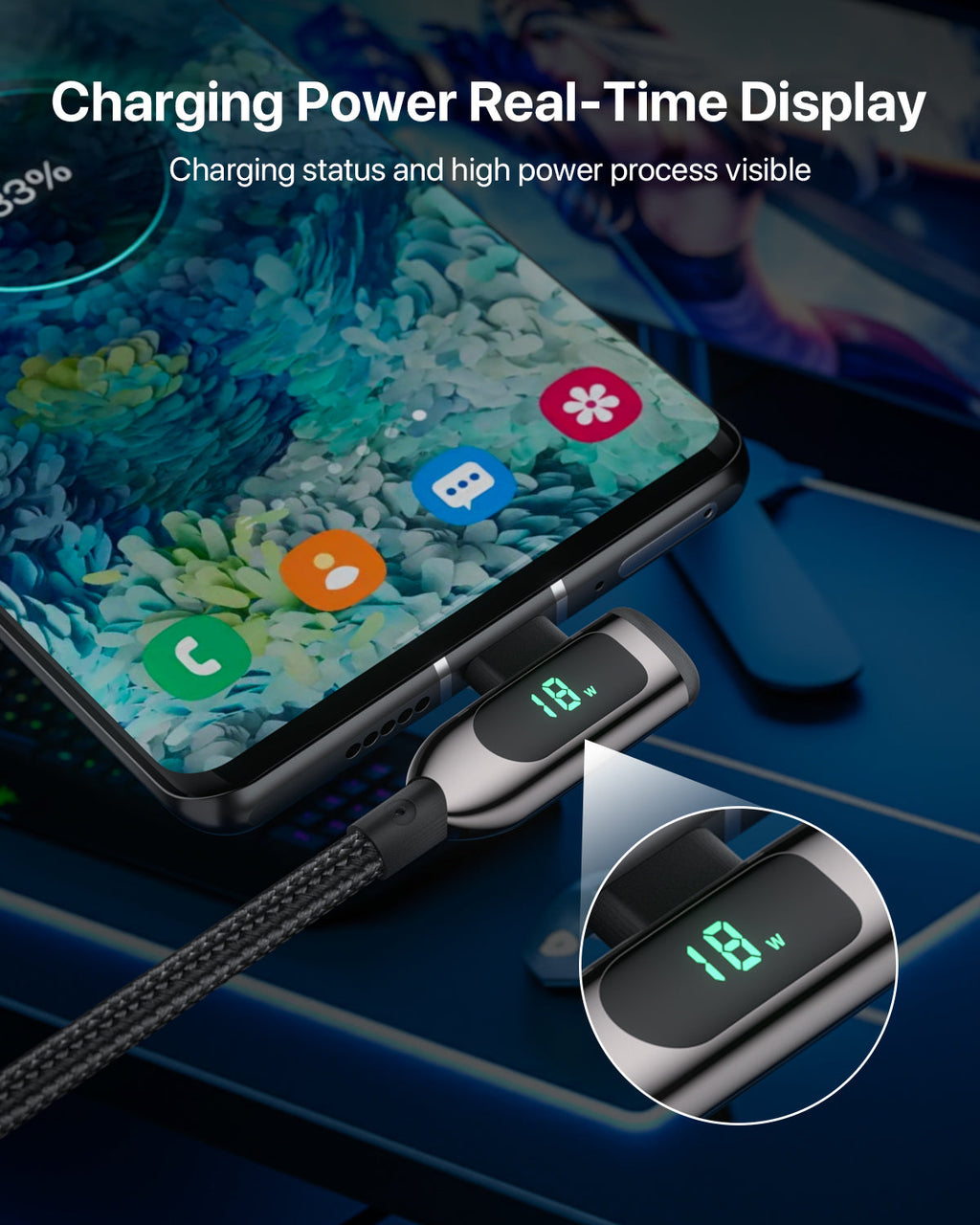SooPii S40 right angle USB-C to USB-C cable, 1.2m, nylon-braided, 100W wattage display for fast charging and data transfer