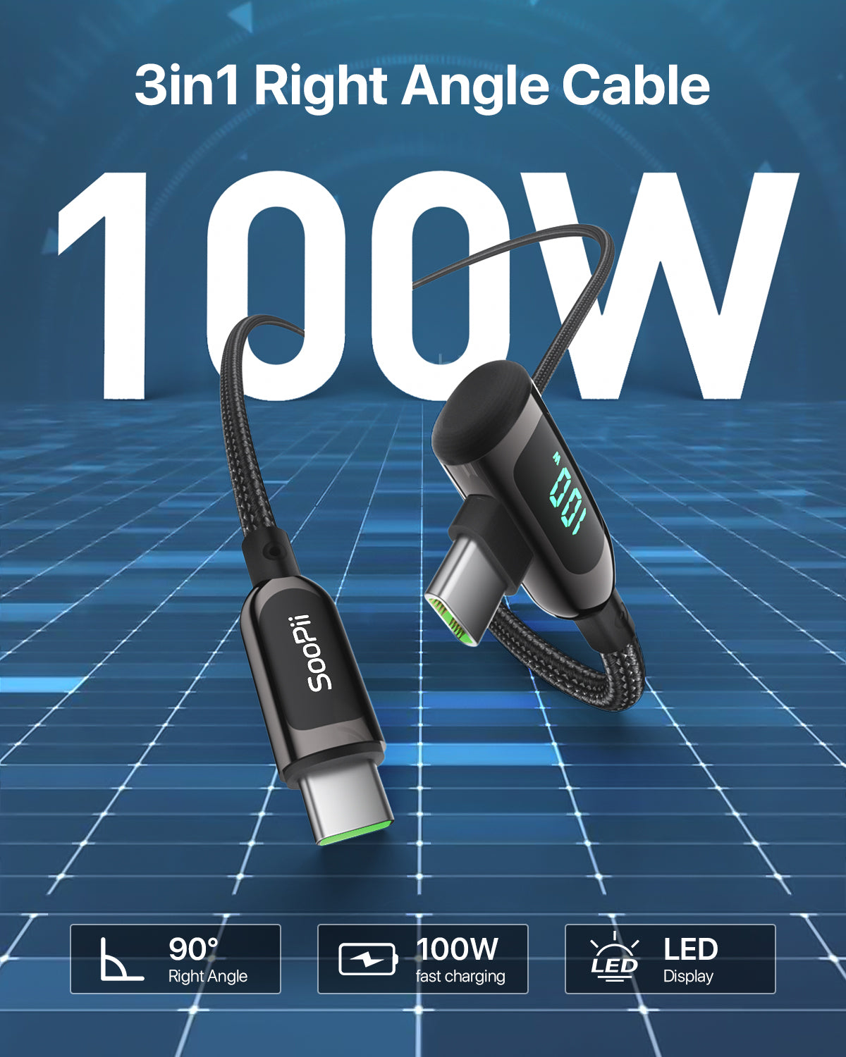 SooPii S40 right angle USB-C to USB-C cable with 1.2m length, 100W power, wattage display, nylon-braided design