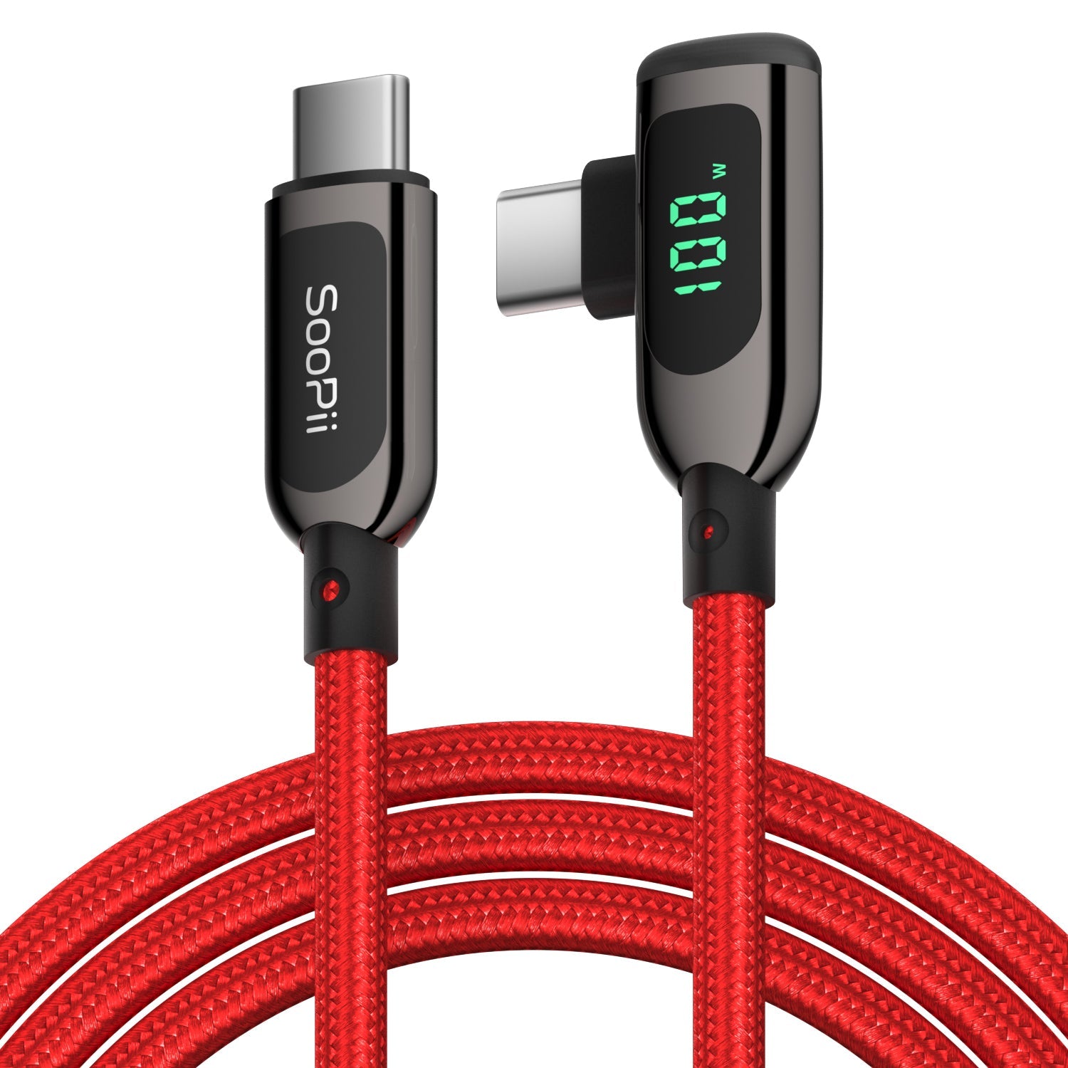 SooPii S40 right angle USB-C to USB-C cable in red, 1.2m, nylon-braided, 100W wattage display for fast charging and data transfer.