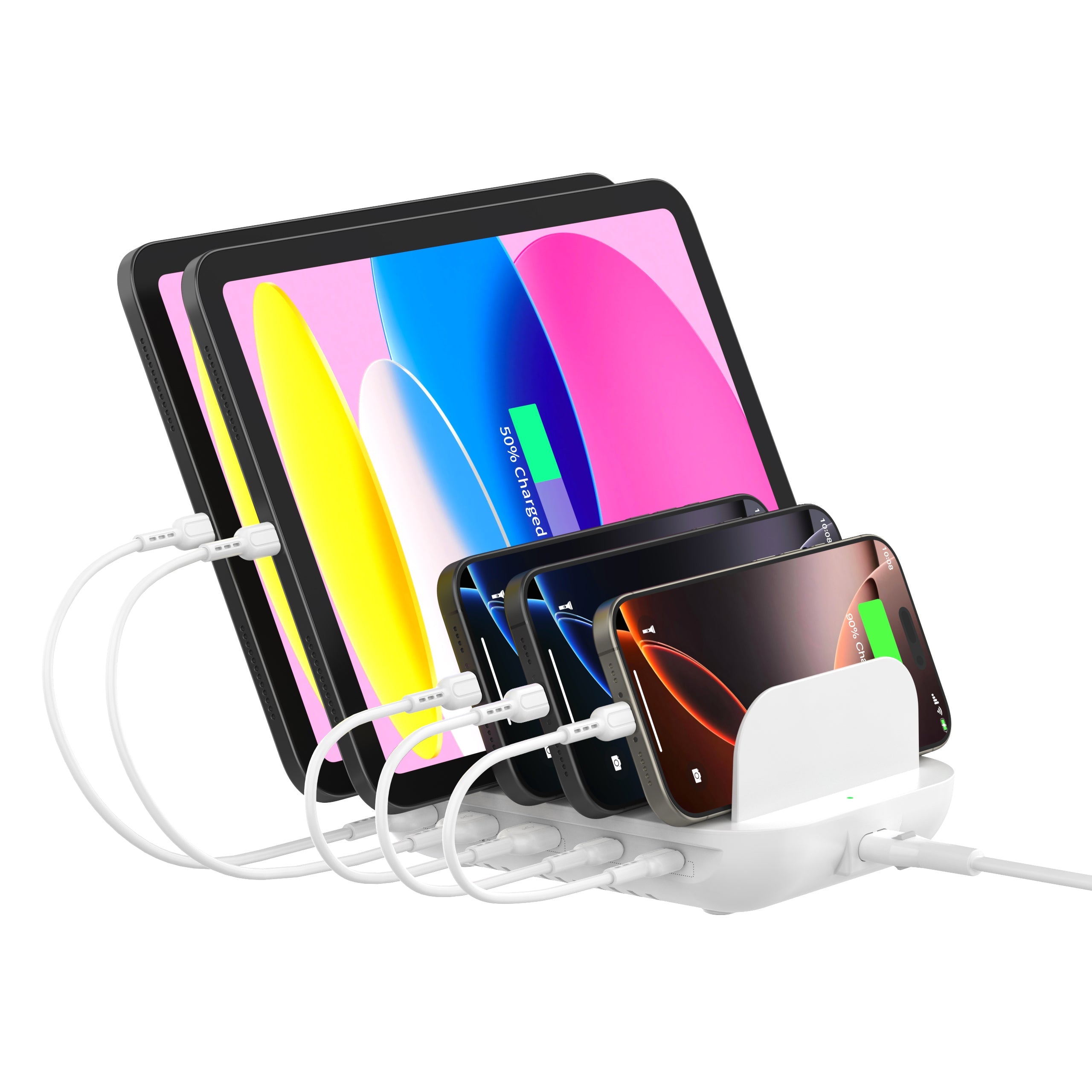 SooPii CS50 charging station with 35W power and five ports, featuring a mix of five different charging cables for multiple devices.