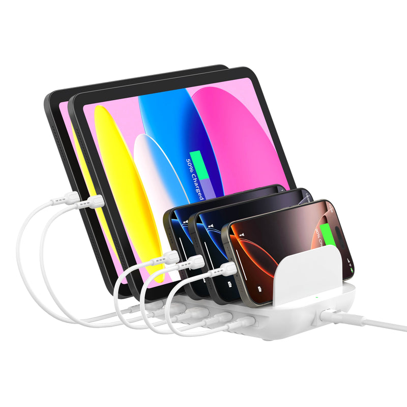 SooPii CS50 charging station with 35W power and five ports, featuring a mix of five different charging cables for multiple devices.