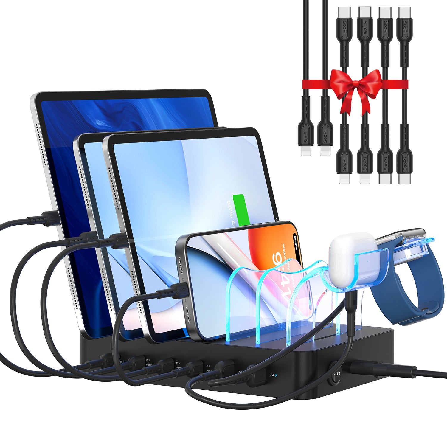 CS60 Pro Charging Station(90W,6 Ports,4PD) with 6 mixed cables — Main product photo
