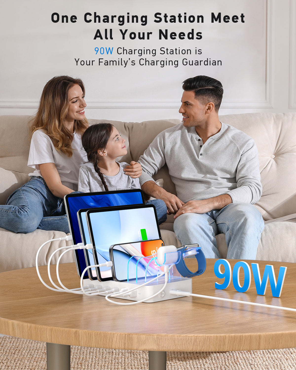 SooPii CS60 Pro charging station with 90W power, 6 ports including 4 PD, and six mixed cables for versatile charging.