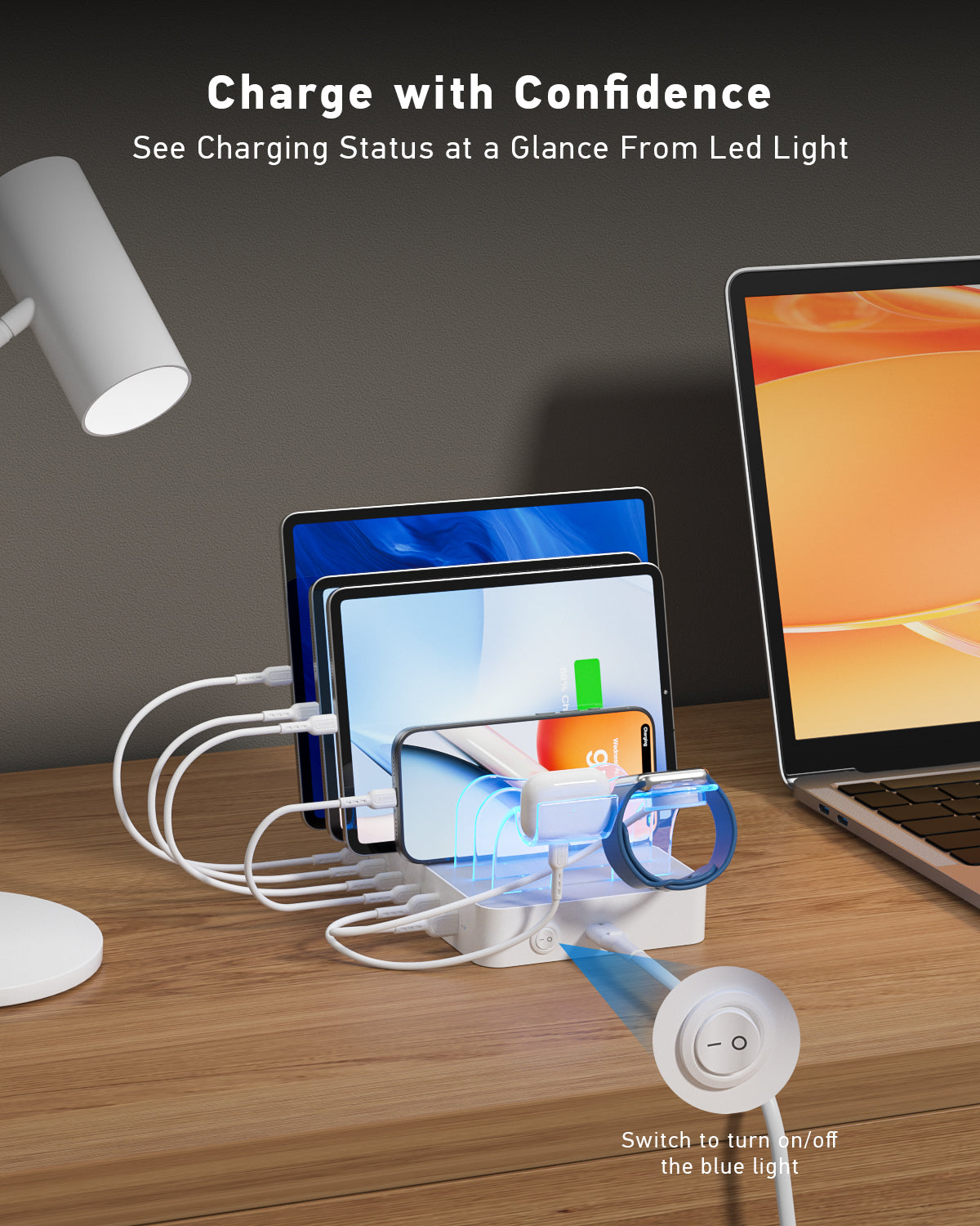 SooPii CS60 Pro charging station with 6 ports and mixed cables, 90W power, and 4 USB Power Delivery ports for multiple device charging