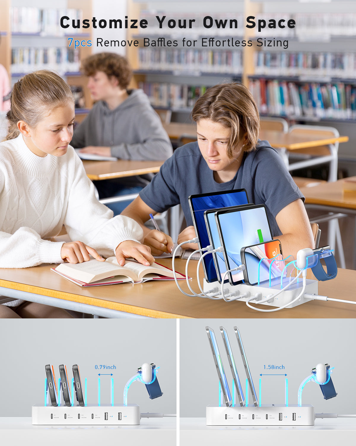 SooPii CS60 Pro charging station with 6 ports, 90W power, 4 PD ports, and six mixed charging cables for multiple devices.