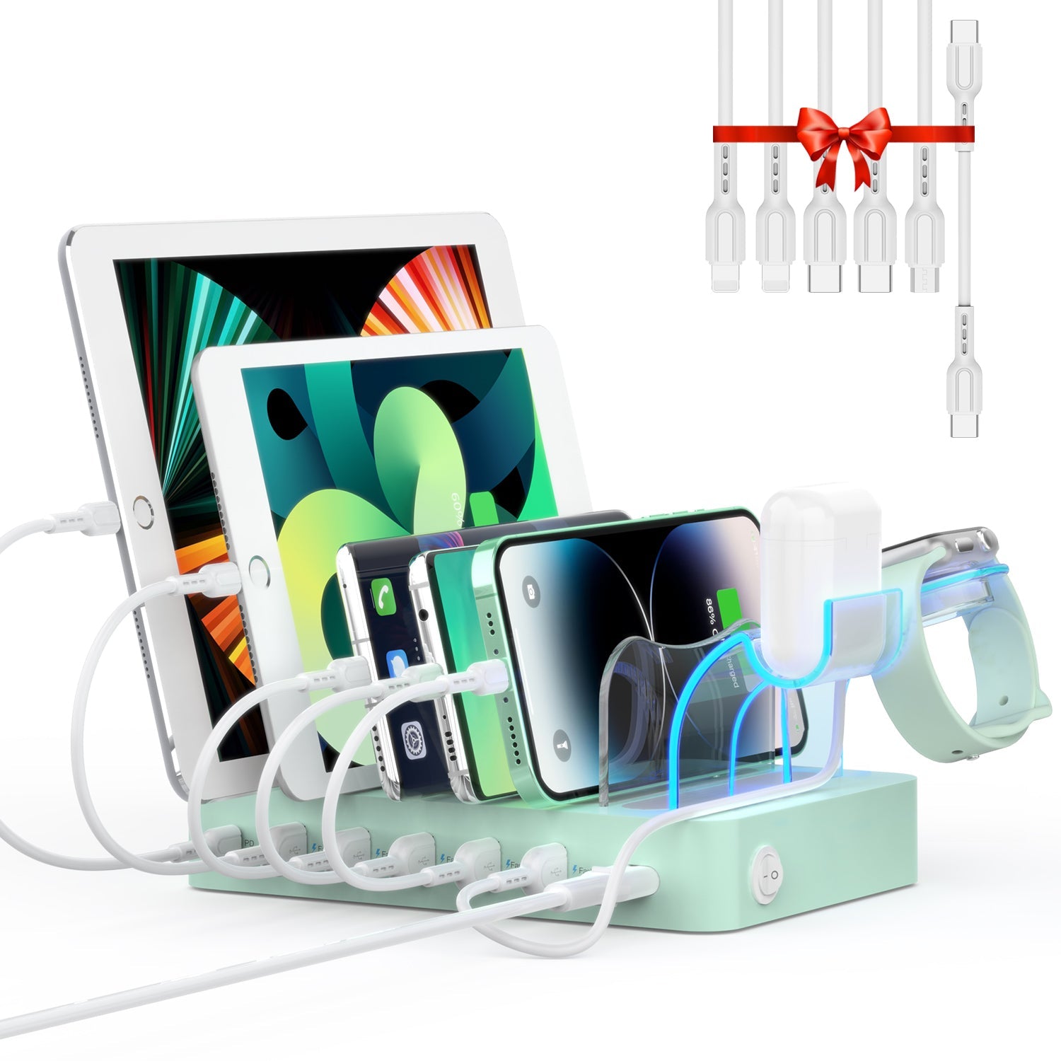 CS60 60W 6-Port Charging Station with 6 Cables, White/Black — Detail 15