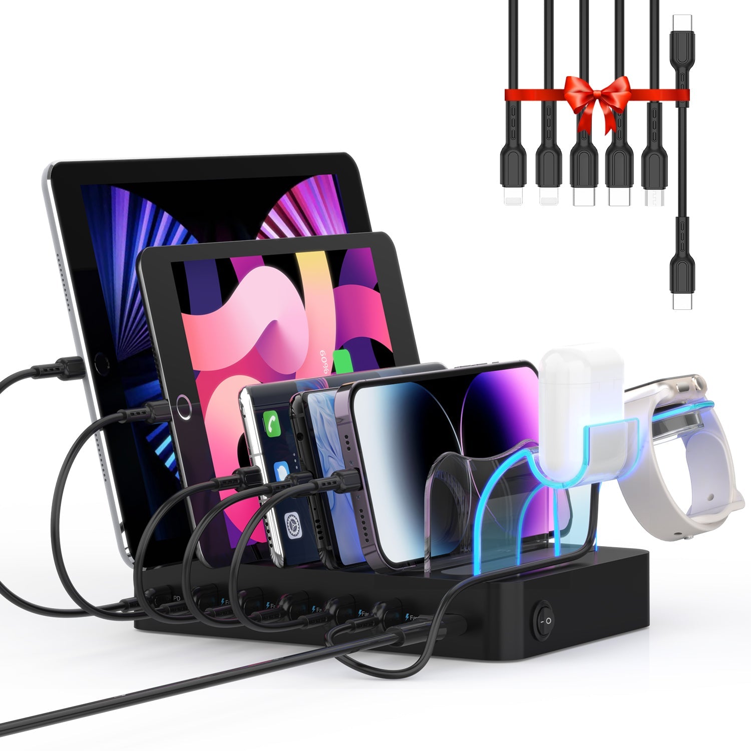 CS60 60W 6-Port Charging Station with 6 Cables, White/Black — Detail 16