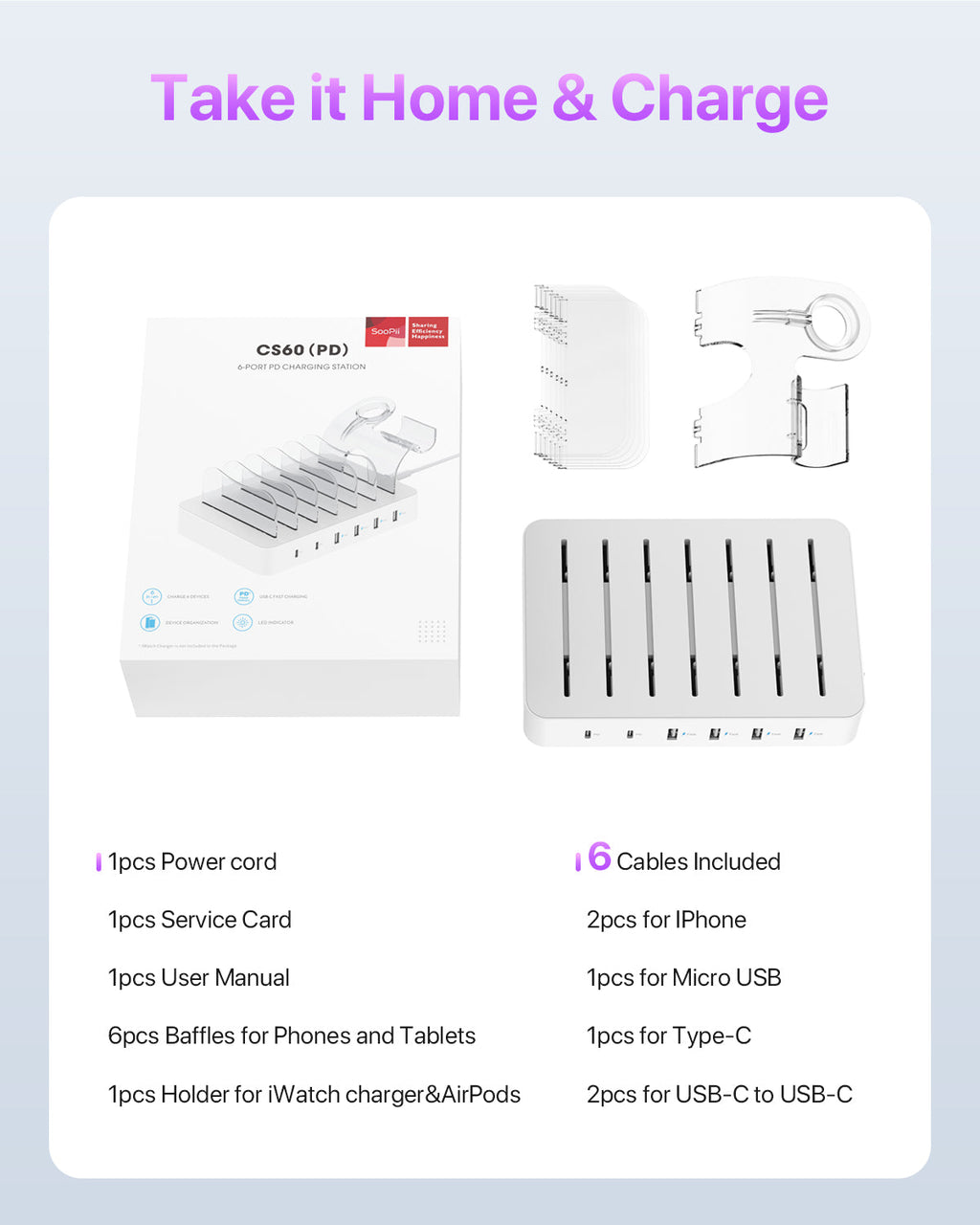 SooPii CS60PD charging station with 60W power, 6 ports including 2 PD ports, and 6 mixed charging cables.