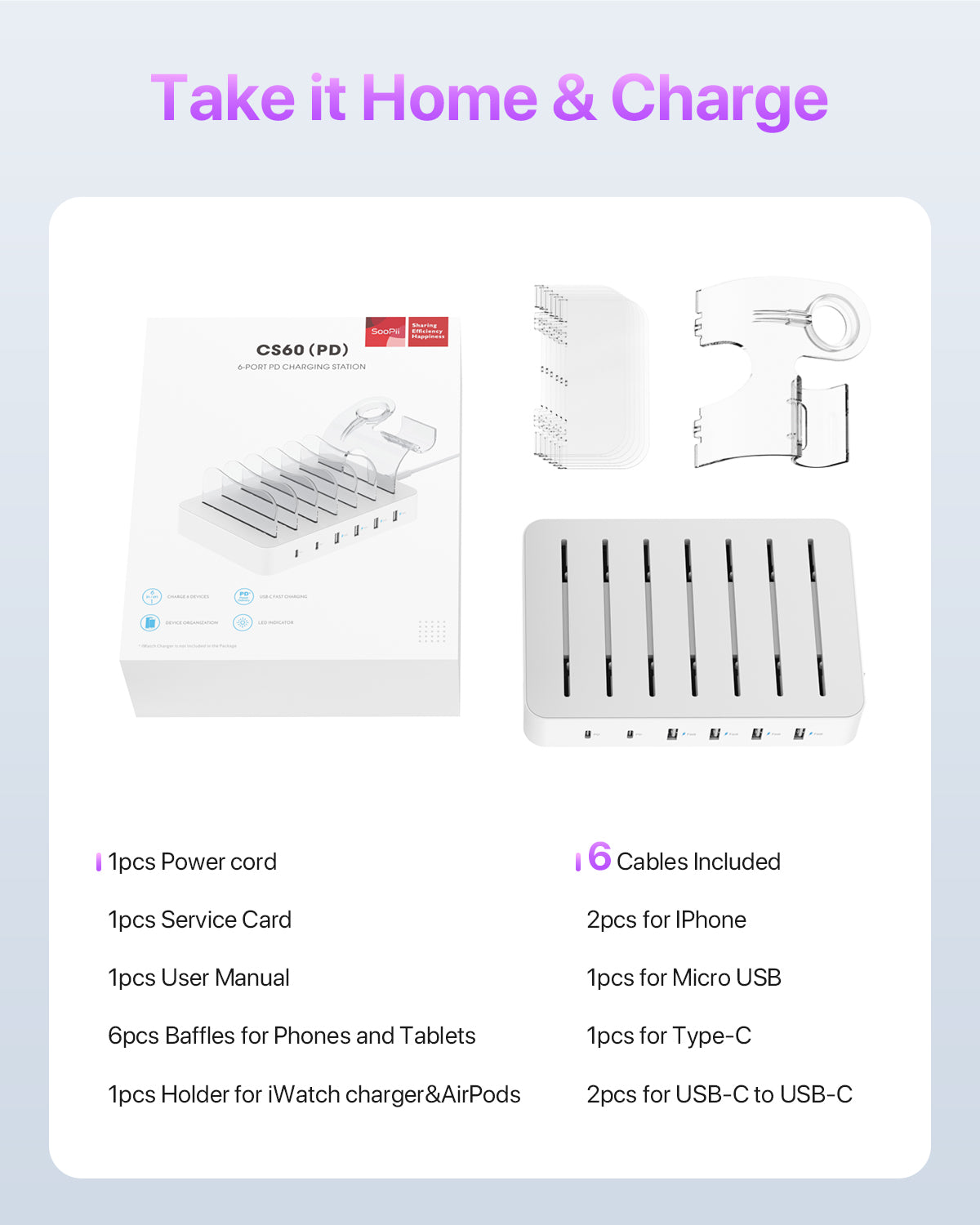 CS60 60W 6-Port Charging Station with 6 Cables, White/Black — Size and dimensions
