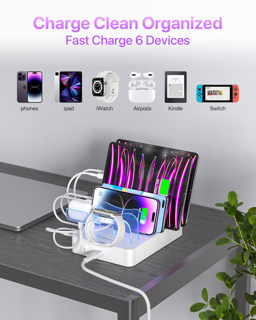 CS60 60W 6-Port Charging Station with 6 Cables, White/Black — Key features