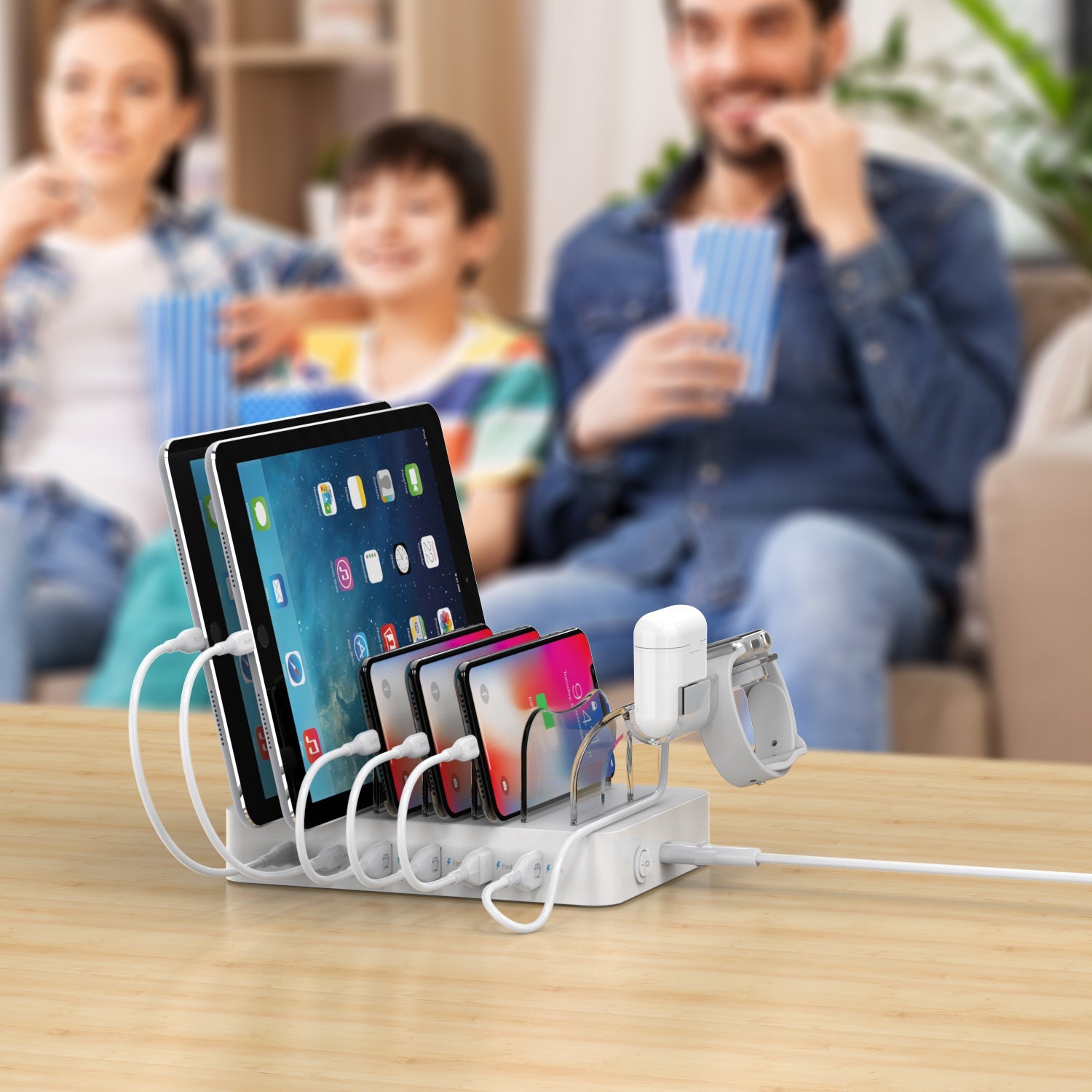 SooPii CS60PD 60W charging station with 6 ports and 2 Power Delivery ports, featuring six mixed charging cables.