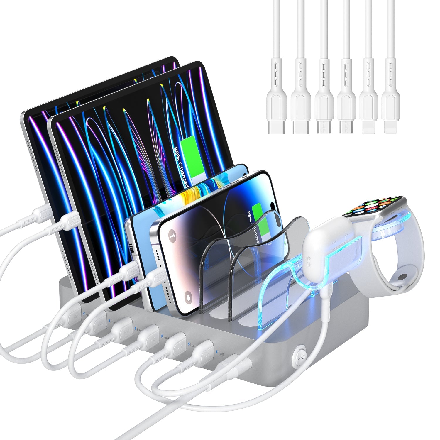 SooPii CS61 charging station with 50W power, 6 ports, and 6 mixed charging cables for multiple device charging.